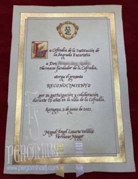 Diploma de reconocimiento de la Cofradía de la Institución de la Sagrada Eucaristía.